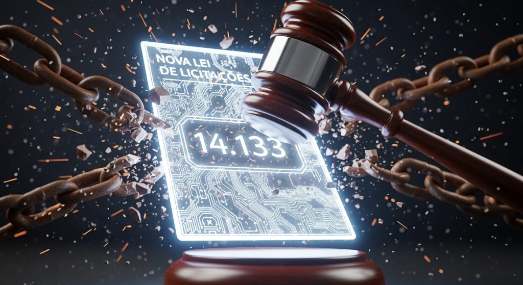 magem conceitual com fundo escuro. Um martelo de juiz de madeira atinge o centro da cena, quebrando correntes de metal. No centro, uma placa digital luminosa exibe o texto "Nova Lei de Licitações 14.133". Faíscas e fragmentos de pedra voam ao redor.