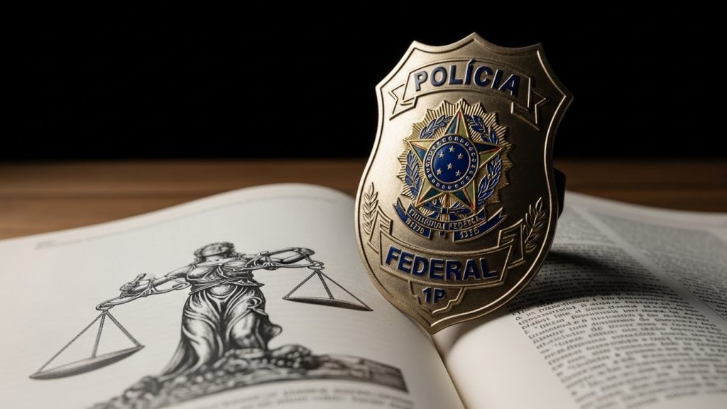 Distintivo dourado da Polícia Federal apoiado sobre livro jurídico aberto com ilustração da deusa da justiça, em fundo escuro; imagem simboliza o estudo para concursos da Polícia Federal e o vínculo com a área jurídica.