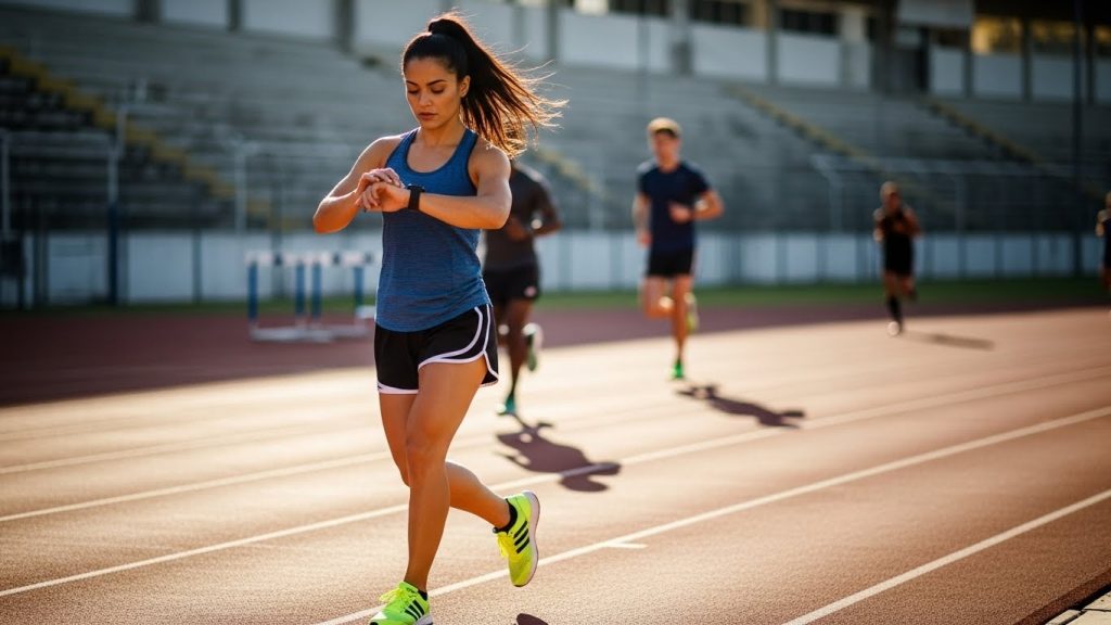 Mulher em pista de atletismo consultando relógio esportivo durante treino físico, com outros corredores ao fundo e arquibancadas vazias; cena remete à preparação para teste de aptidão física (TAF) de concursos policiais.