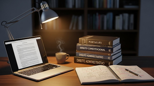 Mesa de estudos com foco em concursos públicos, contendo um notebook com texto na tela, luminária acesa, xícara com fumaça de bebida quente, caderno com anotações abertas e pilha de livros com títulos relacionados ao Direito, como “Português”, “Direito Constitucional” e “Direito Administrativo”, em ambiente interno com estante ao fundo.