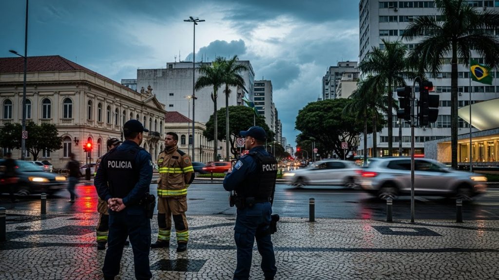 Cena urbana no fim da tarde com três agentes de segurança pública — dois policiais e um bombeiro — conversando no centro de uma cidade. O cenário inclui prédios altos, palmeiras, carros em movimento, calçada com mosaico português e bandeira do Brasil visível ao fundo.