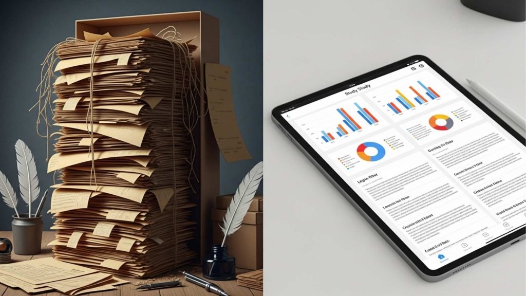 Imagem dividida ao meio comparando métodos de trabalho. À esquerda, uma pilha caótica e alta de papéis velhos e amarelados amarrados com barbante dentro de uma caixa de arquivo, com penas de escrever antigas ao lado. À direita, sobre uma mesa limpa, um tablet moderno exibe um aplicativo de produtividade com gráficos coloridos, estatísticas e textos organizados, representando a modernização e eficiência digital.
