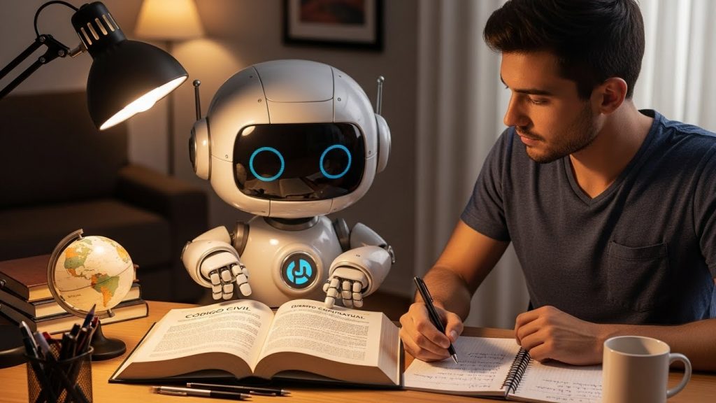 Jovem estudante sentado Ă mesa Ă noite, fazendo anotaçÔes em um caderno enquanto um pequeno robĂŽ assistente aponta para um livro aberto nas pĂĄginas de "CĂłdigo Civil" e "Direito Contratual". A cena ilustra a colaboração entre humanos e inteligĂȘncia artificial no aprendizado de Direito, com iluminação acolhedora e materiais de estudo ao redor.