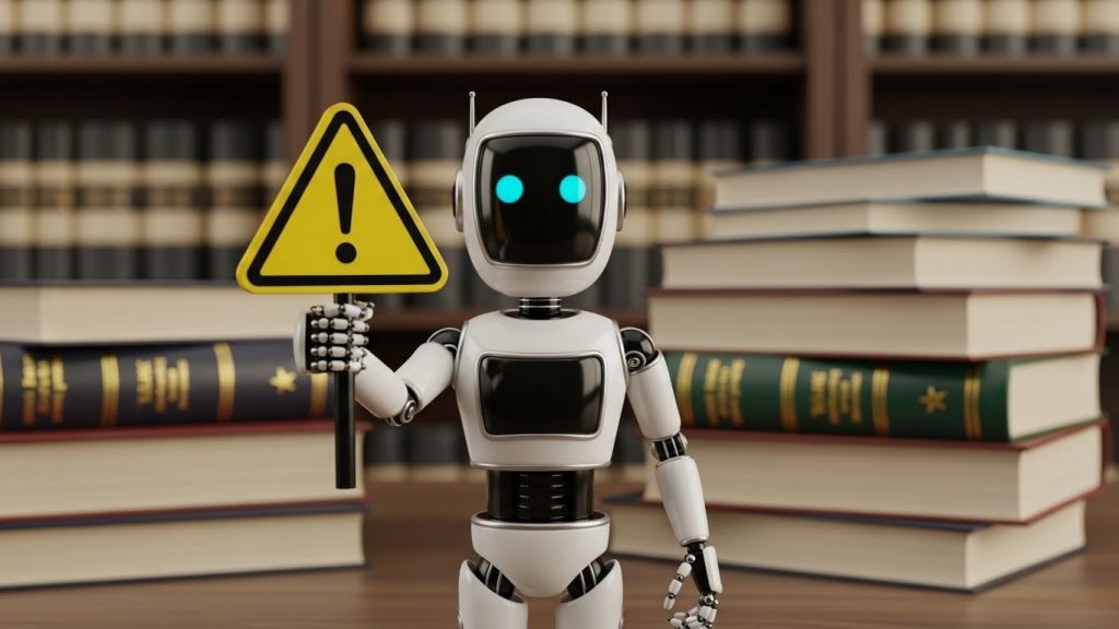 RobĂŽ branco de inteligĂȘncia artificial com olhos azuis brilhantes segurando uma placa triangular amarela de alerta com um ponto de exclamação. O robĂŽ estĂĄ posicionado em frente a pilhas de livros e estantes de biblioteca desfocadas ao fundo, simbolizando os cuidados e riscos no uso da IA nos estudos.