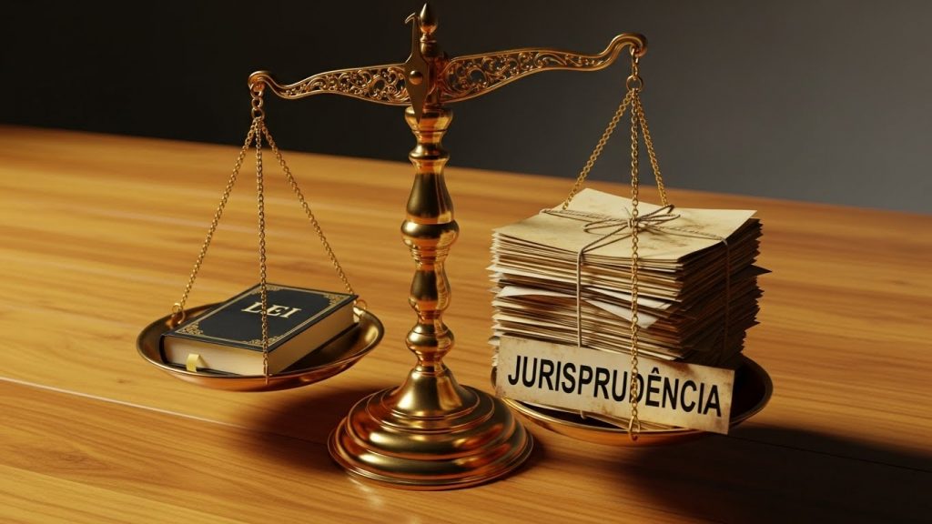 Balança da justiça dourada pousada sobre uma mesa de madeira. No prato esquerdo, hĂĄ um livro preto com o tĂtulo "LEI"; no prato direito, uma pilha volumosa de papĂ©is antigos amarrados com uma etiqueta escrita "JURISPRUDĂNCIA", ilustrando o peso e o equilĂbrio entre a legislação e as decisĂ”es judiciais.
