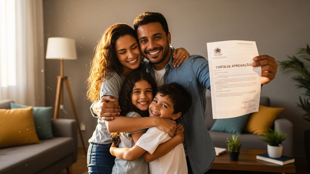 FamĂlia feliz composta por pai, mĂŁe e dois filhos abraçados na sala de casa, sorrindo radiantes. O pai segura e exibe uma folha de papel com brasĂŁo oficial onde se lĂȘ "CARTA DE APROVAĂĂO", simbolizando o sucesso e a conquista da nomeação em concurso pĂșblico.