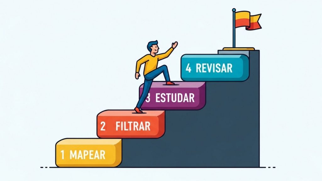 Ilustração de um homem subindo uma escada com quatro degraus, cada um representando uma etapa de estudo: 1 - Mapear, 2 - Filtrar, 3 - Estudar, 4 - Revisar. No topo há uma bandeira.