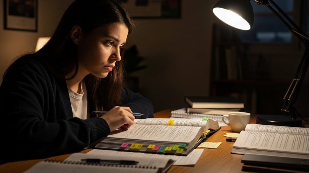 Mulher concentrada estudando à noite com livros marcados com etiquetas coloridas, caderno de anotações e luminária acesa; o ambiente reflete foco em técnicas de estudo e revisão intensiva para concursos jurídicos.