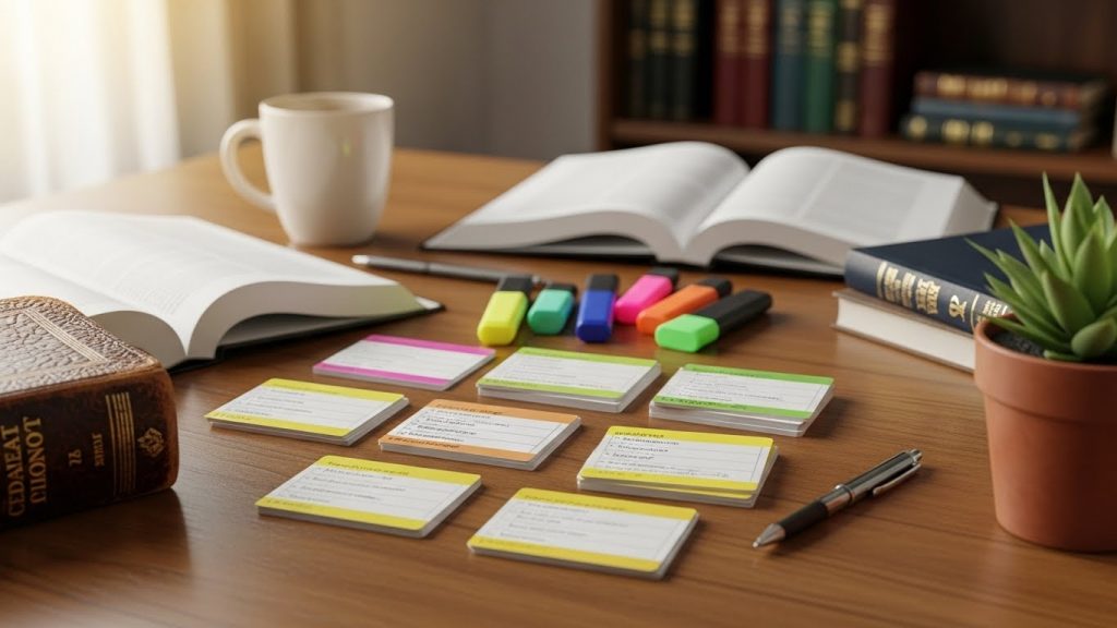 Mesa de estudos organizada com livros abertos, canecas, marcadores coloridos e dezenas de flashcards com resumos e palavras-chave, sugerindo uso de técnicas de memorização e revisão para concursos públicos, especialmente para a leitura da lei seca.