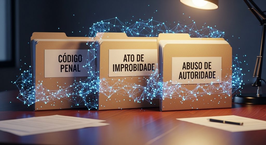 TrĂȘs pastas de arquivo pardas alinhadas sobre uma mesa de madeira. Os rĂłtulos das pastas indicam: 'CĂłdigo Penal', 'Ato de Improbidade' e 'Abuso de Autoridade'. Uma rede digital azul brilhante conecta as pastas, simbolizando a interligação entre as matĂ©rias jurĂdicas.