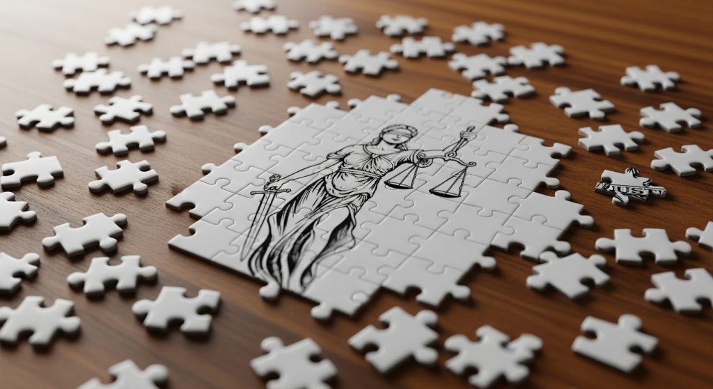 Peças de um quebra-cabeça branco sendo montadas sobre uma superfĂcie de madeira. As peças encaixadas formam o desenho da Dama da Justiça (Themis) segurando a balança e a espada, representando a construção do conhecimento no Direito.