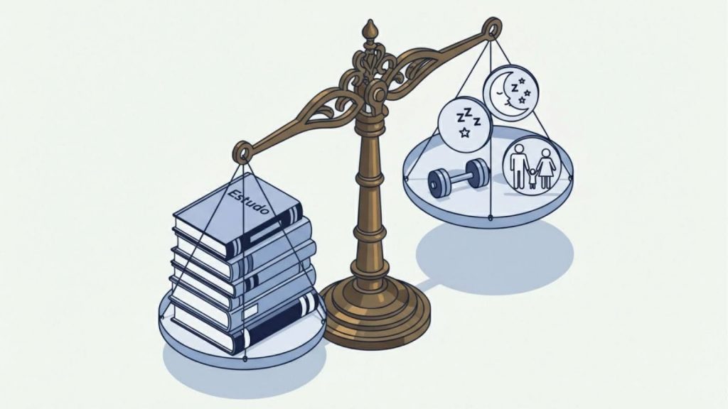 Ilustração em estilo vetorial de uma balança de pratos antiga de metal. No prato da esquerda, uma pilha de livros grossos com a palavra "Estudo" na capa. No prato da direita, quatro ícones circulares representando saúde e vida pessoal: uma lua com estrelas (sono), um halter (exercício), e uma silhueta de família (lazer/social). A balança está em equilíbrio.