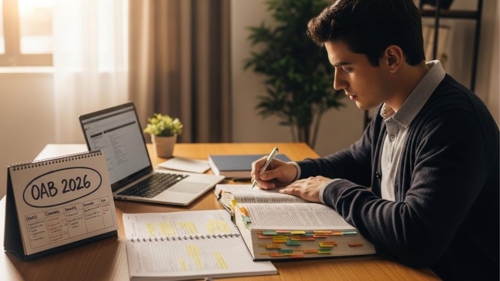 Foto de um jovem estudante concentrado, sentado à mesa de madeira, escrevendo em um caderno. Ao seu lado, há um notebook aberto e um livro jurídico grosso (Vade Mecum) repleto de marcadores adesivos coloridos. Em primeiro plano, um calendário de mesa exibe o texto manuscrito "OAB 2026", indicando planejamento para o Exame de Ordem.
