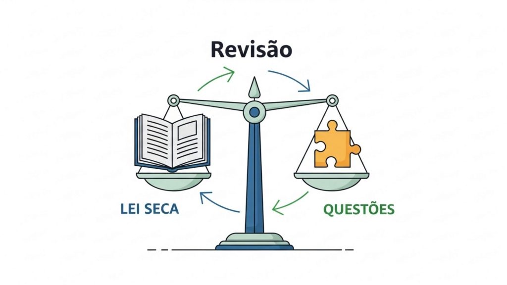 Ilustração vetorial representando um ciclo de estudos equilibrado para a OAB. Ao centro, uma balança da justiça. No prato esquerdo, um livro aberto representando a "Lei Seca". No prato direito, uma peça de quebra-cabeça representando "Questões". Acima, a palavra "Revisão". Setas circulares conectam os três elementos, indicando um método de estudo contínuo.