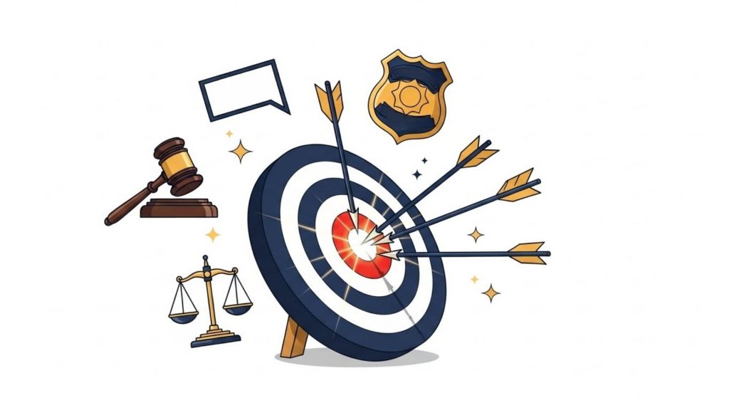 Ilustração vetorial de um alvo azul e branco com quatro flechas acertando em cheio o centro vermelho (bullseye). Ao redor do alvo, flutuam ícones coloridos relacionados a concursos públicos: um martelo de juiz, uma balança da justiça, um distintivo policial dourado e um balão de fala, representando foco total na aprovação.