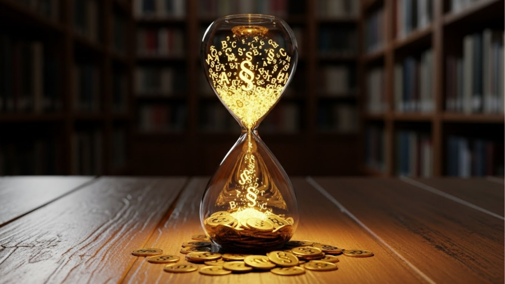 Ilustração 3D realista de uma ampulheta sobre uma mesa de madeira, com uma biblioteca desfocada ao fundo. Dentro do vidro, letras e símbolos de parágrafo (§) dourados e brilhantes caem como areia, transformando-se em uma pilha de moedas de ouro na base, simbolizando a conversão do tempo de estudo em sucesso financeiro.