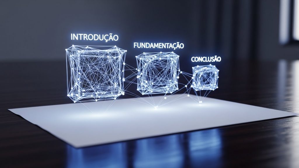 Representação gráfica 3D da estrutura de uma redação, mostrando três cubos conectados por linhas luminosas flutuando sobre um papel. Os cubos estão rotulados em ordem como: Introdução, Fundamentação e Conclusão, simbolizando a organização lógica de um texto dissertativo.