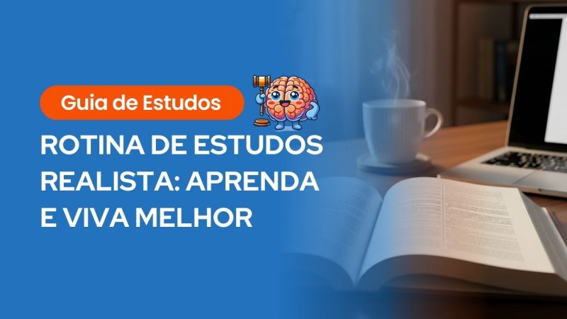 Texto “Guia de Estudos - ROTINA DE ESTUDOS REALISTA: APRENDA E VIVA MELHOR” à esquerda em fundo azul, com imagem de mesa com livro aberto, xícara e notebook ao fundo.