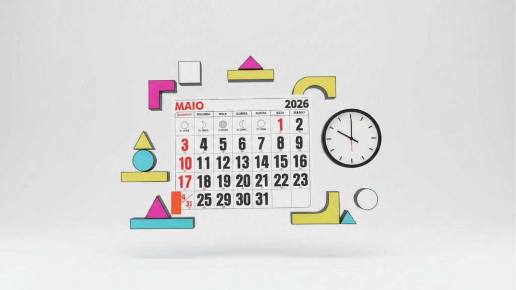Calendário do mês de maio de 2026 com elementos coloridos ao redor e um relógio analógico à direita marcando 10h10.