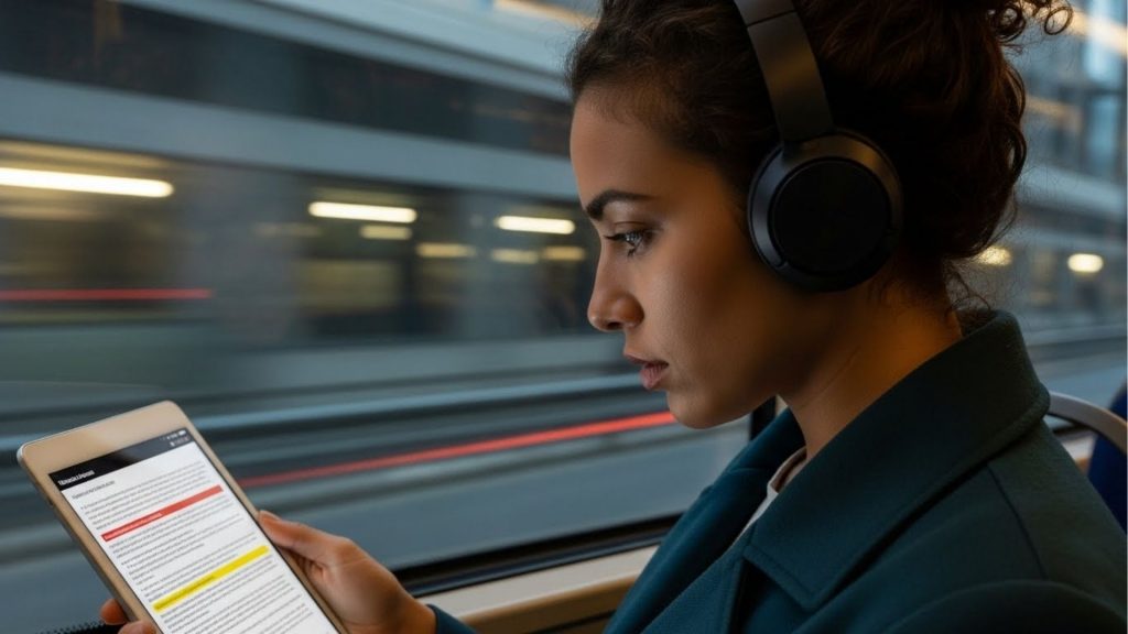 Fotografia lateral de uma jovem mulher estudando focada dentro de um transporte público em movimento (metrô ou trem), indicado pelas luzes da cidade borradas na janela. Ela usa fones de ouvido pretos e segura um tablet onde lê um texto com marcações em amarelo e vermelho, exemplificando o estudo passivo e revisão durante o deslocamento.