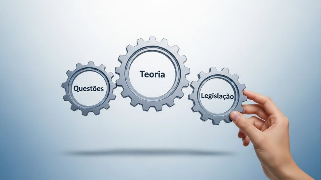 Ilustração conceitual de três engrenagens prateadas se encaixando. As engrenagens contêm os textos: 'Questões', 'Teoria' e 'Legislação'. Uma mão humana segura e encaixa a engrenagem da 'Legislação' no sistema, completando o mecanismo. A imagem simboliza o funcionamento perfeito do tripé da aprovação em concursos públicos sobre um fundo azul claro.