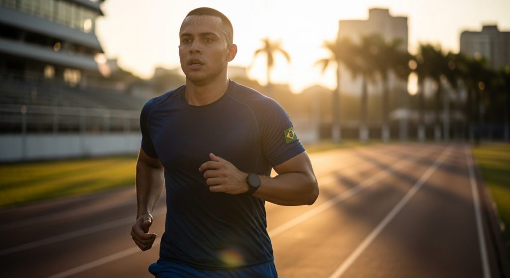 Homem jovem correndo em pista de atletismo durante o pôr do sol, vestindo camiseta azul com a bandeira do Brasil, simulando treino para o TAF de concursos policiais.