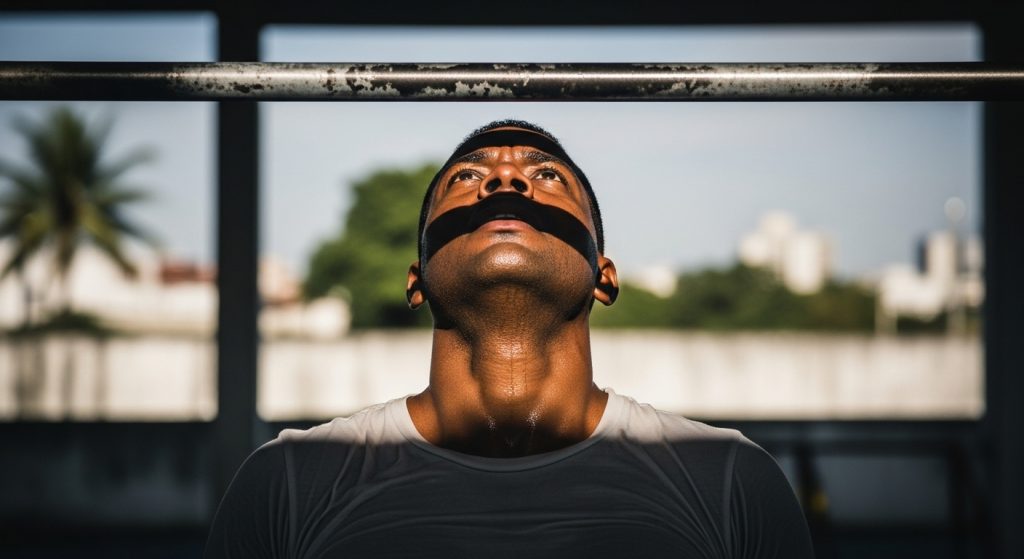 Candidato a concurso público em esforço físico realizando exercício de barra fixa ao ar livre, com foco no rosto e olhar para cima, representando a preparação para a etapa de aptidão física.