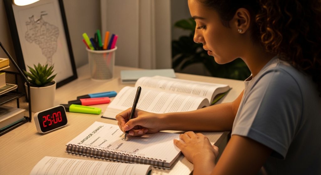 Foto de uma pessoa estudando à noite em uma mesa organizada. Ela escreve em um "Planejador Semanal" enquanto consulta um livro aberto. Na mesa, há marcadores de texto coloridos, uma planta pequena e um relógio digital marcando "25:00", sugerindo o uso da técnica Pomodoro para manter o foco.