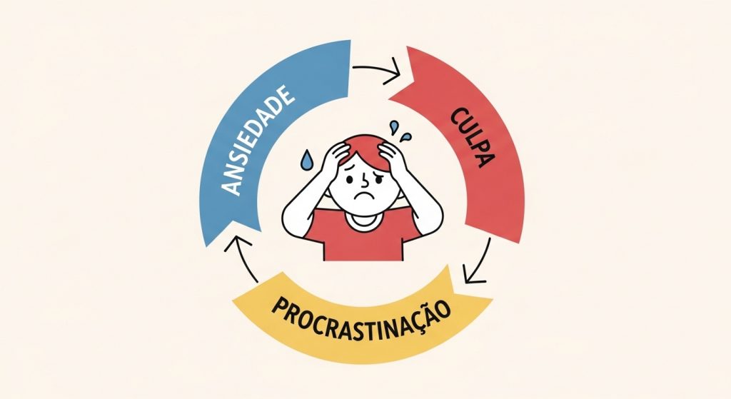 Infográfico ilustrando um ciclo vicioso com um personagem ao centro expressando angústia e colocando as mãos na cabeça. Ao redor dele, três setas formam um círculo com as palavras: "ANSIEDADE" (em azul), "CULPA" (em vermelho) e "PROCRASTINAÇÃO" (em amarelo), demonstrando como esses sentimentos se alimentam mutuamente.