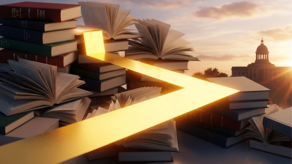 Pilhas de livros abertos e fechados com uma seta dourada luminosa grande apontando para a direita, céu de pôr do sol e prédio com cúpula ao fundo.