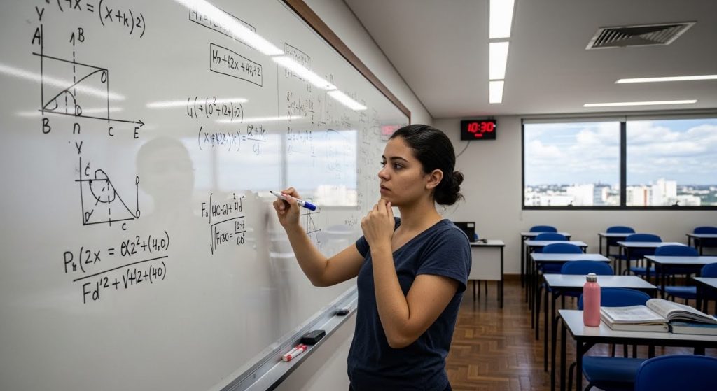 Mulher jovem em uma sala de aula escrevendo fórmulas matemáticas complexas em um quadro branco. Ao fundo, carteiras escolares azuis e uma janela com vista para a cidade.