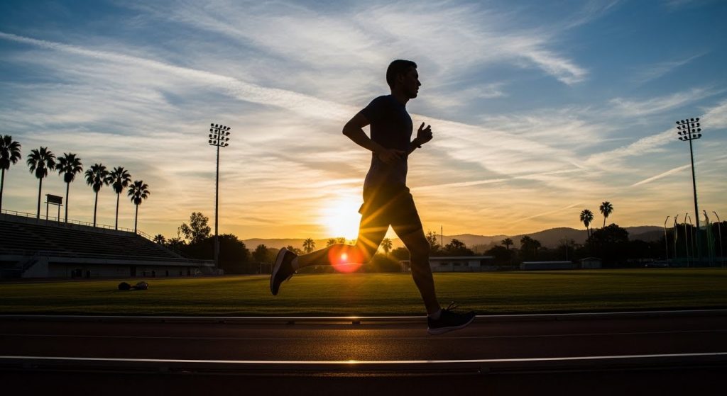 Silhueta de um homem correndo em uma pista de atletismo durante o pôr do sol. Ao fundo, palmeiras e refletores de estádio sob um céu alaranjado.