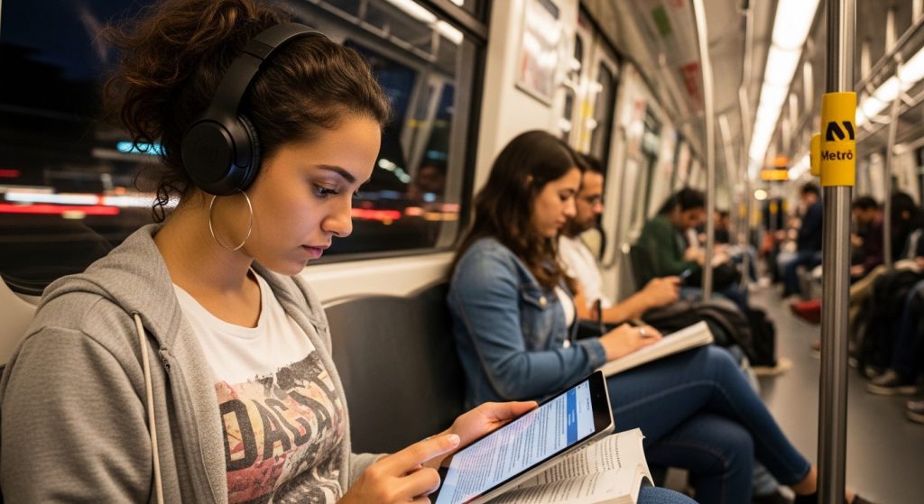 Uma jovem sentada em um vagão de metrô, usando fones de ouvido grandes e estudando atentamente através de um tablet e um livro físico. Outros passageiros são visíveis ao fundo, representando a rotina de estudos durante o deslocamento diário no transporte público.
