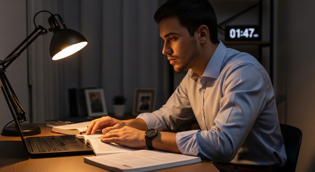 Um homem jovem sentado à sua mesa de estudos tarde da noite, iluminado apenas por uma luminária de foco direcionado. Ele lê um livro jurídico ao lado de um notebook aberto. Ao fundo, um relógio digital marca "01:47", simbolizando o esforço e a dedicação nos horários extras.