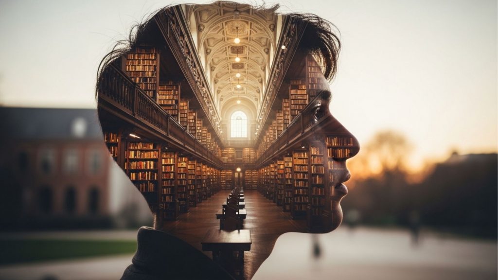 Composição artística em dupla exposição mostrando o perfil de uma pessoa fundido à imagem de uma biblioteca clássica e grandiosa. O interior da silhueta revela corredores infinitos de prateleiras repletas de livros e um teto arquitetônico detalhado, simbolizando a profundidade do conhecimento e a absorção intelectual de conteúdos complexos.