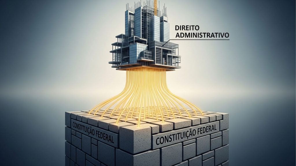 Ilustração conceitual mostrando a base do ordenamento jurídico. No plano inferior, um grande bloco de pedra cinza traz a inscrição "CONSTITUIÇÃO FEDERAL". Deste bloco, partem diversos filamentos dourados e brilhantes que sustentam um complexo edifício moderno em construção no topo. Uma linha aponta para este edifício com o rótulo "DIREITO ADMINISTRATIVO", representando como este ramo do direito se fundamenta e extrai força da Constituição.