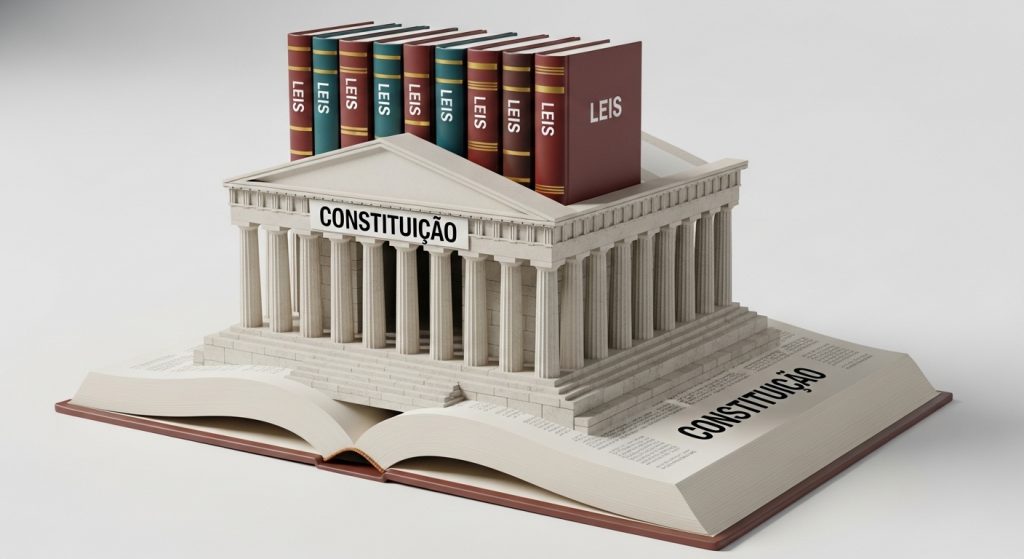 Uma representação visual da hierarquia das leis. Um grande livro aberto serve de base para um edifício clássico em estilo de tribunal (com colunas gregas), onde se lê "CONSTITUIÇÃO". No topo do edifício, vários livros coloridos intitulados "LEIS" estão organizados horizontalmente, sugerindo que a Constituição é a base que sustenta o ordenamento jurídico.
