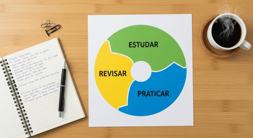 Visão aérea de uma mesa de estudos com um caderno aberto, uma caneta, clipes e uma xícara de café fumegante. No centro, uma folha de papel branca exibe um gráfico circular dividido em três cores: verde para "ESTUDAR", azul para "PRATICAR" e amarelo para "REVISAR". Setas indicam um fluxo contínuo e cíclico entre essas três etapas.