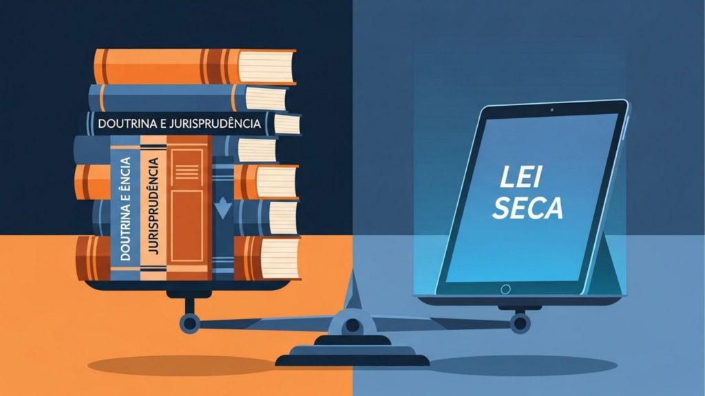 Ilustração de uma balança equilibrando uma pilha de livros jurídicos rotulados como "Doutrina e Jurisprudência" de um lado, e um tablet exibindo "Lei Seca" do outro.