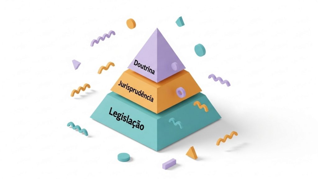 Infográfico em formato de pirâmide 3D dividido em três camadas coloridas: a base larga escrita "Legislação", o meio "Jurisprudência" e o topo "Doutrina".