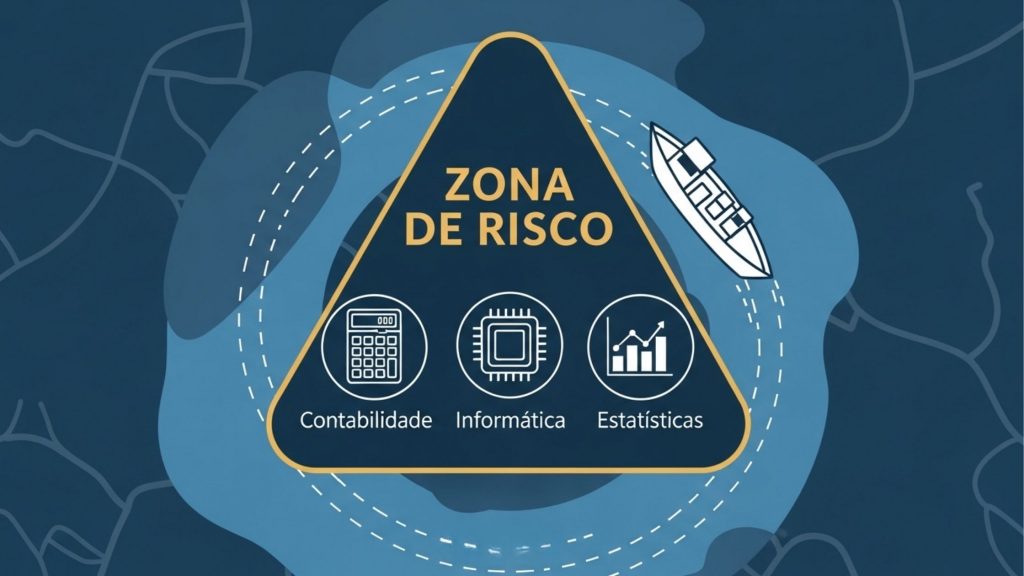 Diagrama Zona de Risco para concurso da Polícia Federal destacando as disciplinas de Contabilidade, Informática e Estatística.