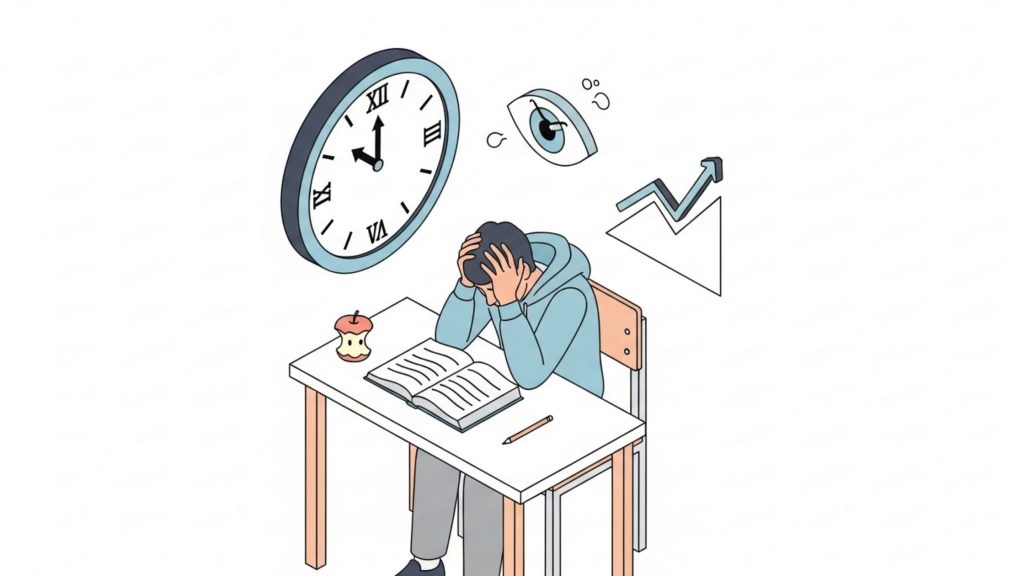 Ilustração em estilo cartoon de um estudante sentado à mesa com as mãos na cabeça, demonstrando estresse. À sua frente está um livro aberto e o resto de uma maçã comida. Ao redor dele flutuam símbolos de pressão: um grande relógio analógico marcando o tempo, um olho vigilante e um gráfico de seta subindo, representando a cobrança por desempenho e prazos.