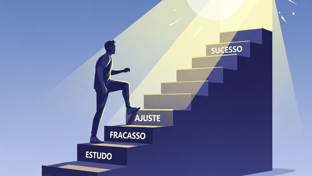 Ilustração conceitual de um homem subindo uma escada em direção a uma luz brilhante chamada "SUCESSO". Os degraus inferiores estão rotulados como "ESTUDO", "FRACASSO" e "AJUSTE", simbolizando a jornada de superação em concursos.