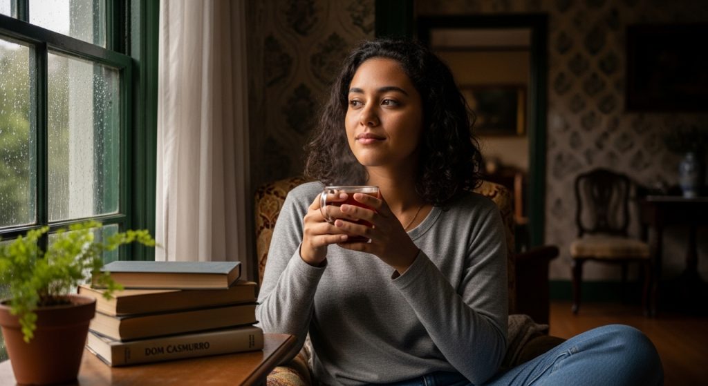 Mulher jovem de cabelos cacheados sorrindo calmamente enquanto segura uma xícara de chá quente e olha pela janela em dia de chuva. Ao lado, uma pilha de livros com o título "Dom Casmurro" visível, representando resiliência e equilíbrio emocional nos estudos.
