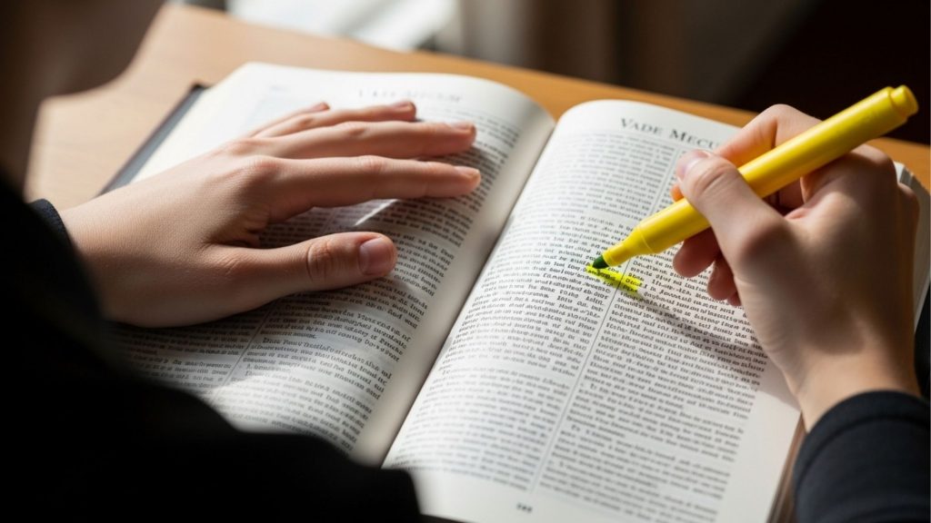 Foto em close das mãos de um estudante destacando trechos de um livro "Vade Mecum" com um marca-texto amarelo brilhante. A imagem foca na técnica de leitura ativa e seleção de pontos importantes na legislação.
