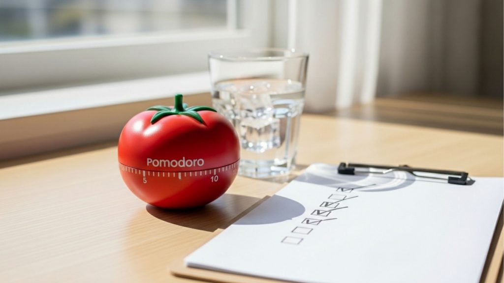 Foto em close de uma mesa de madeira clara sob luz solar. Em destaque, um cronômetro de cozinha em formato de tomate vermelho escrito "Pomodoro". Ao lado, um copo de água com gelo e uma prancheta com uma lista de tarefas onde vários itens já estão marcados com um "X". Representa gestão de tempo e produtividade.