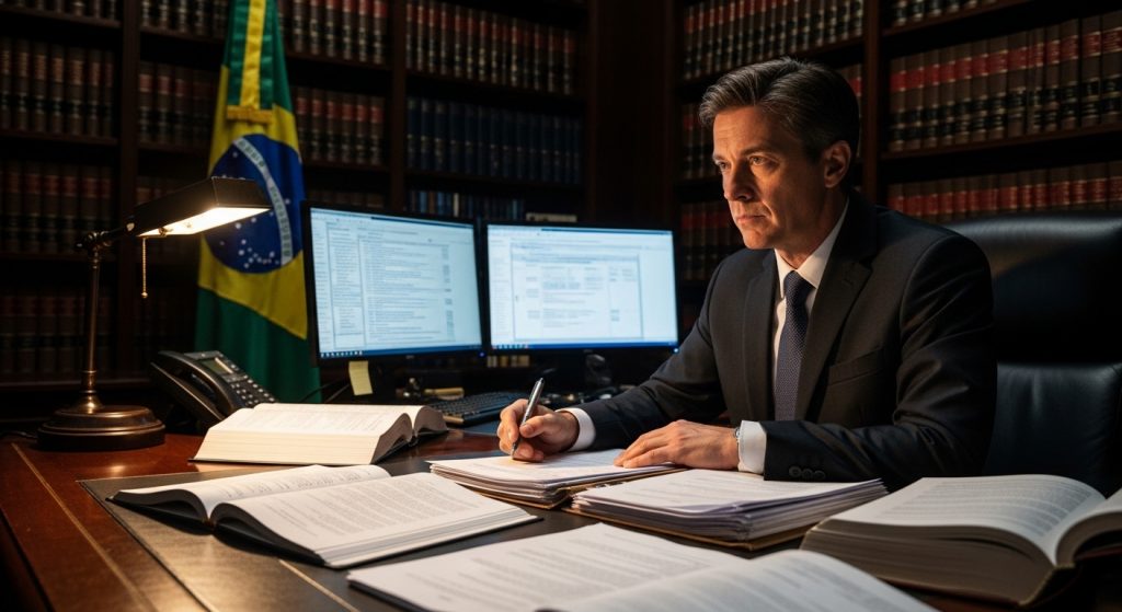 Homem de terno sentado à mesa escrevendo em documentos, com livros abertos, dois monitores de computador, estante de livros e bandeira do Brasil ao fundo.