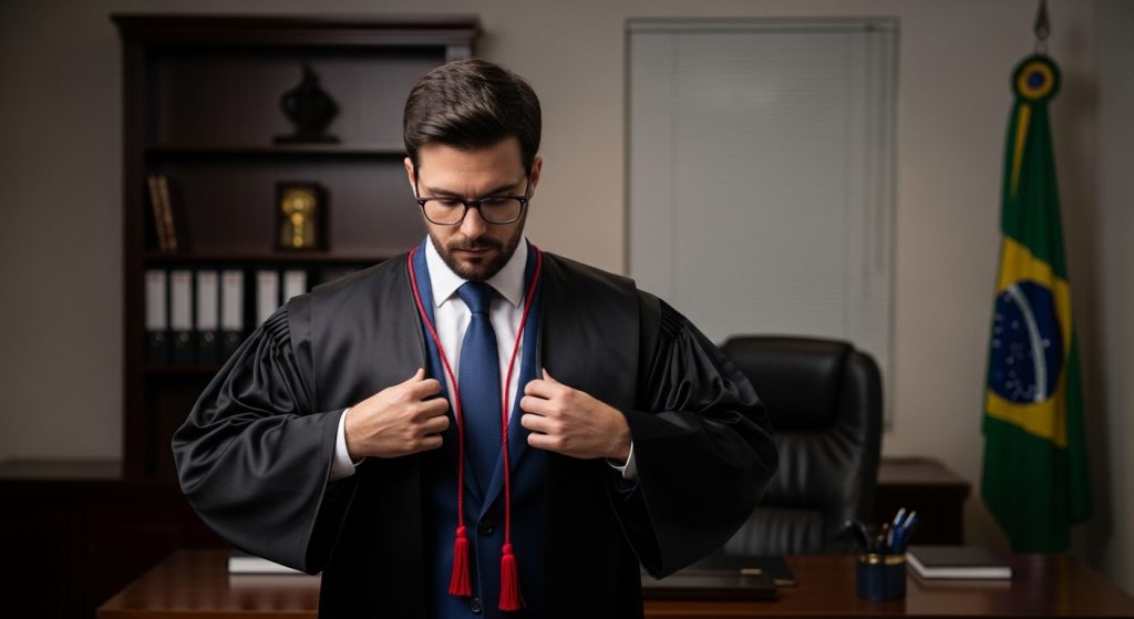 Homem de toga preta com óculos e gravata azul ajustando a veste, em escritório com estante e bandeira do Brasil ao fundo.