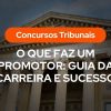 Fachada de um tribunal clรกssico com colunas imponentes e o tรญtulo sobreposto: "O que faz um promotor: Guia da carreira e sucesso".