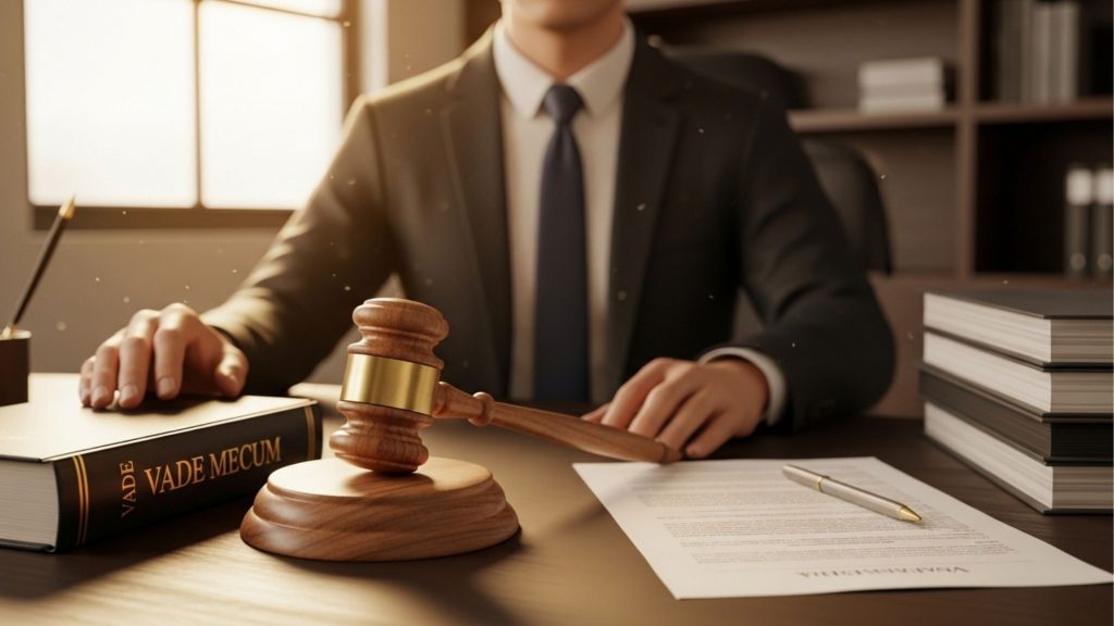 Um profissional jurídico em traje formal sentado à mesa com um livro "Vade Mecum", um martelo de juiz e documentos processuais.